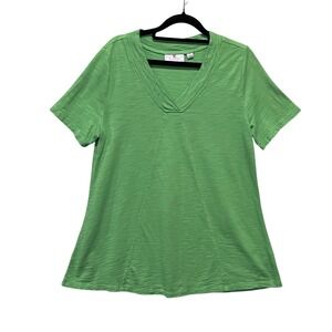 Quacker Factory Womens Green Rhinestone V-Neck Slub Knit Short Sleeve Top Small